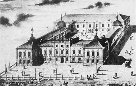 Ilustracja przedstawiająca budynek Arsenału Warszawskiego z osiemnastego wieku.